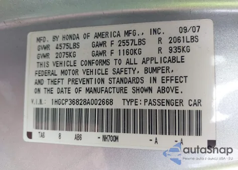 2008 Honda Accord 3.5 Ex-L from USA, damaged, VIN 1HGCP36828A002668